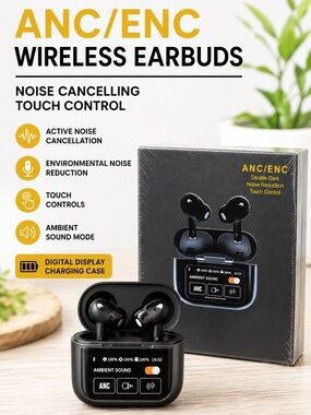 ANC/ENC Wireless Bluetooth Earbuds Touch Control Noise Cancelling Black NIB
